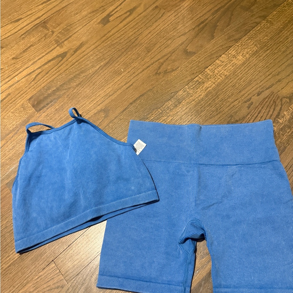 Blue Ribbed Halter Top and Shorts Set